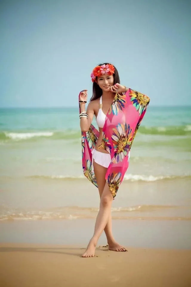 Copricostumi stampati Abito da spiaggia sexy Donna Halter Sling Chiffon Asciugamano da spiaggia Bikini Wrap Pareo Gonne Costumi da bagno aperti sul retro platinumshop