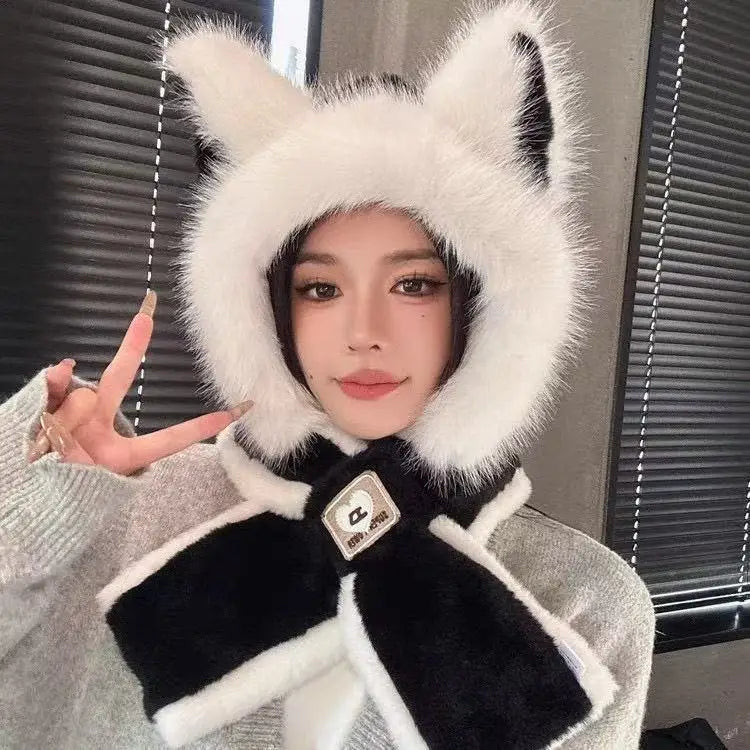 Women's Hat Beanie Balaclava Winter Cap Winter Women's Cute Thickened Fox Plush Hat Scarf Glove Three-in-one Cycling Warmth