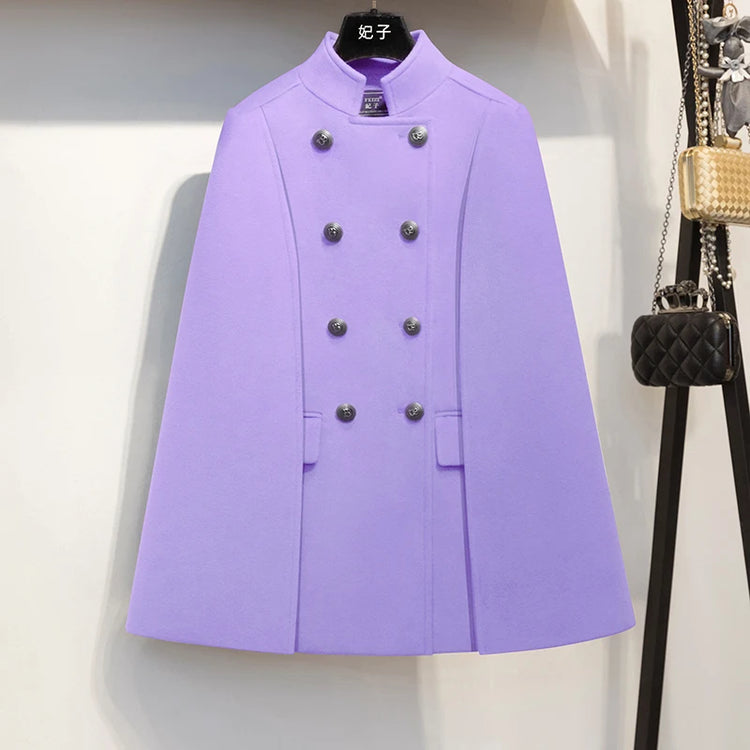 French Elegant Retro Hepburn Style Stand Collar Double-breasted Loose Temperament Commuter Woolen Jacket Cape Cloak Women Autumn