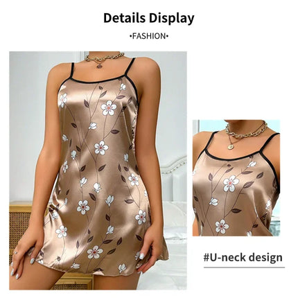 Women's Nightwear Summer Floral Print Satin Nightgown Casual Sleeveless Backless Nightdress Sexy Nightwear Home Clothes