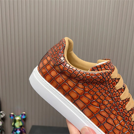 Leather Sneakers Men Calfskin Alligator Pattern Casual Shoes Lace Up Flats Daily Footwear