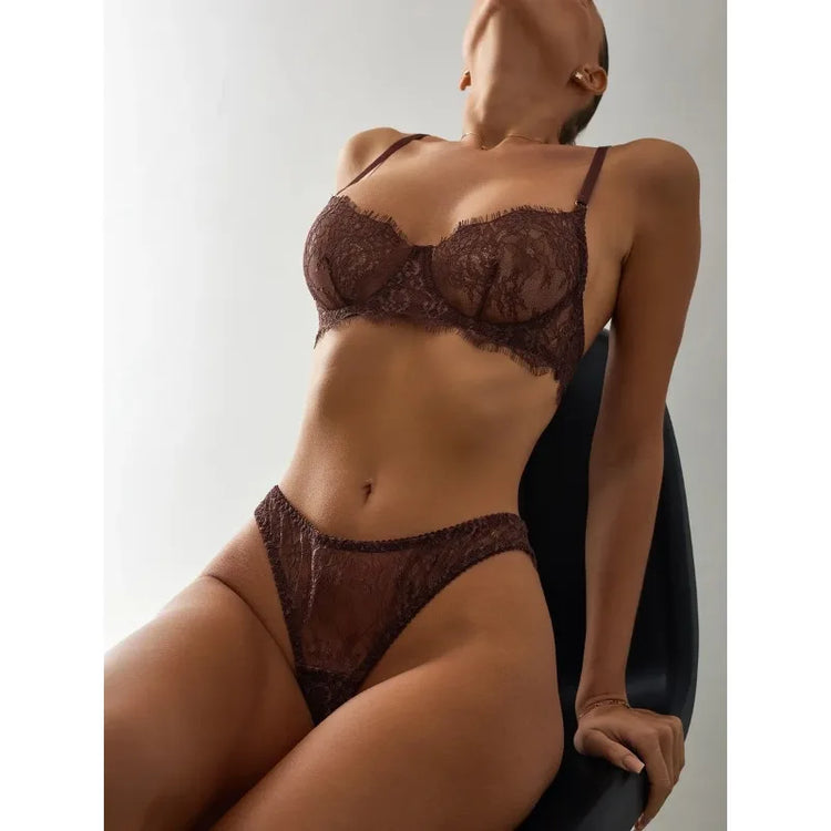 Tornova Erotic Lingerie French Retro Eyelash Lace Underwear Set Sexy Intimate See-through Ultra-thin Bra with Underwire Briefs