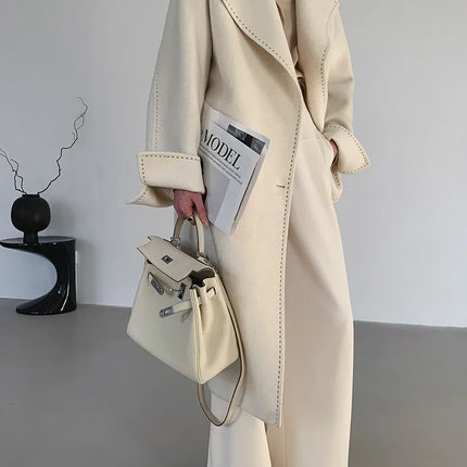 New Solid Korean Style Women Wool Coat Arch Needle Large Neck Versatile Fashion Texture Double Sided Trench Coats Female Winter