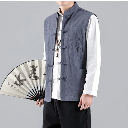 Canotte da uomo senza maniche in cotone stile cinese, gilet casual vintage, gilet estivi traspiranti, magliette larghe da uomo, abito Tang
