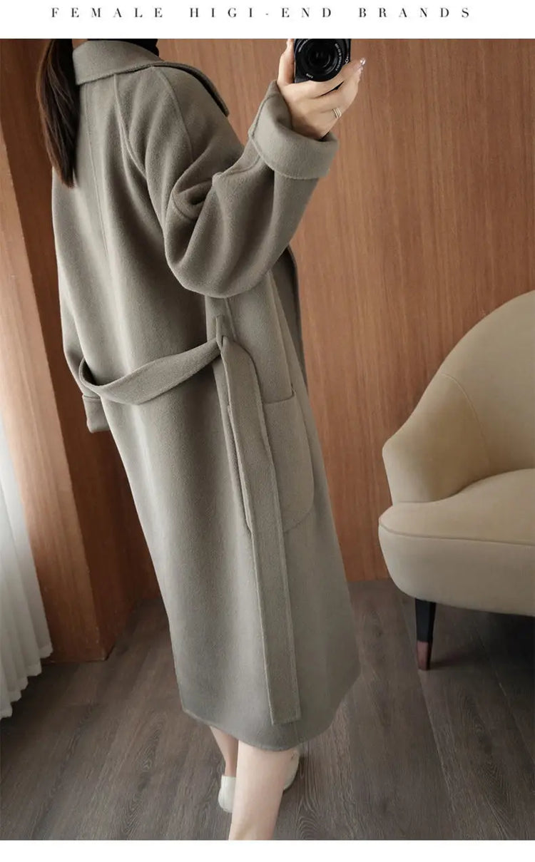 100% Wool Coat Women's Wear 2026 Autumn/Winter Fashion Temperament Double sided Cashmere Coats with Belt Elegant Long Overcoat