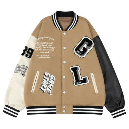 Men's Casual Varsity Jacket Racing Letterman Baseball Coat Vintage Embroidery Outerwear Streetswear with Faux Leather Sleeves