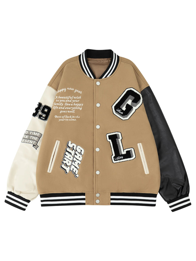 Men's Casual Varsity Jacket Racing Letterman Baseball Coat Vintage Embroidery Outerwear Streetswear with Faux Leather Sleeves