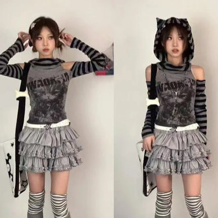 Japanese Gothic Vintage Punk Women Hoodie Striped Patchwork Cat Print Hollow Out Slim Long Sleeve Soft Pullovers 2025 Autumn New
