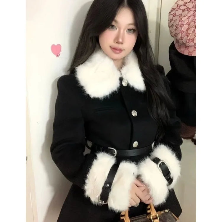 Women's Coats Advanced Sense Plush Spliced Turndown Collar Single Breasted Waist Retraction Skirt Style Woolen Coat Lady Clothes