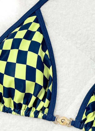 Costume da bagno sexy 2026 Nuovo micro bikini donna costumi da bagno scozzesi anello dorato gamba alta costume da bagno a due pezzi con spalline costumi da bagno Biquini