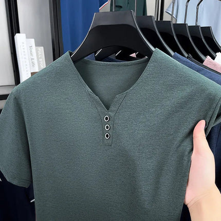 New Men's Casual and Fashionable Three Button V-neck Solid Color Short Sleeved T-shirt Summer Versatile Top PlatiNum