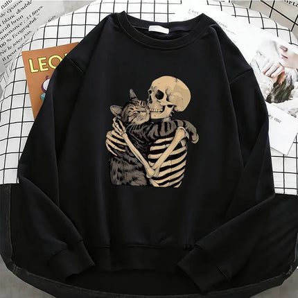 Vintage High Quality Retro Skull with Cat Womens Hoodies Warm Fleece Sweatshirt Soft O-Neck Pullover Casual Female Clothes