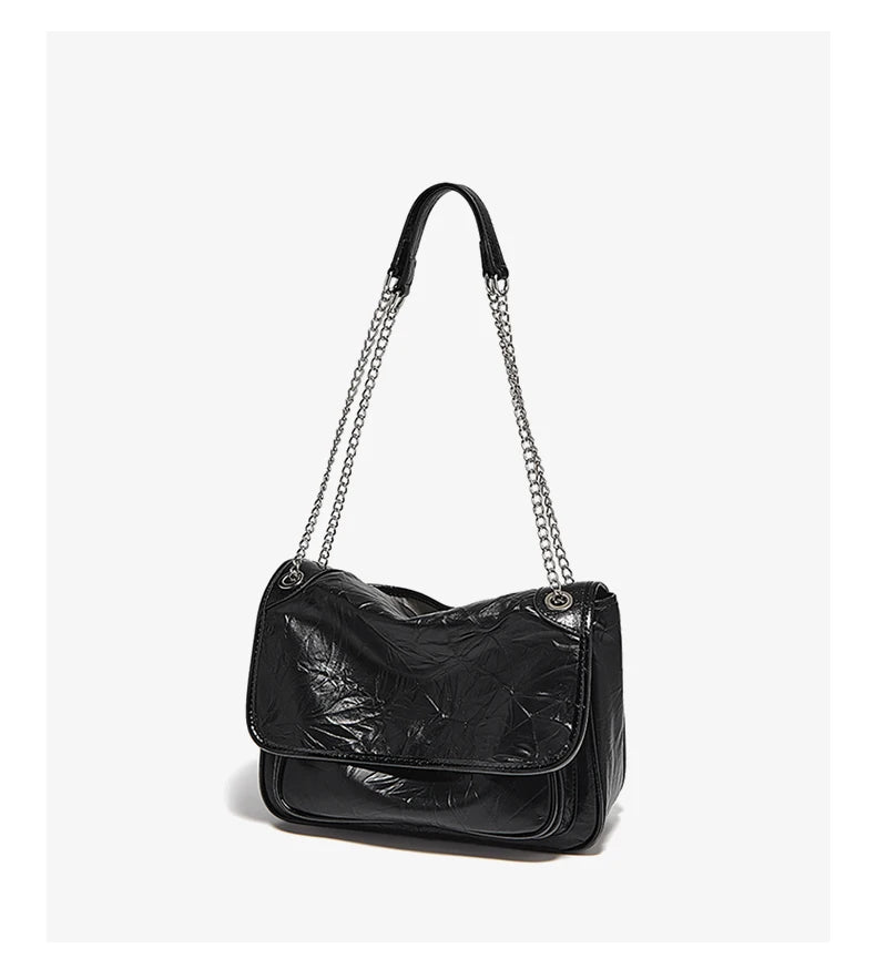 FOXER Women Genuine Leather + PU Shoulder Handbag Classic Fashion Black Tote Chain Bag