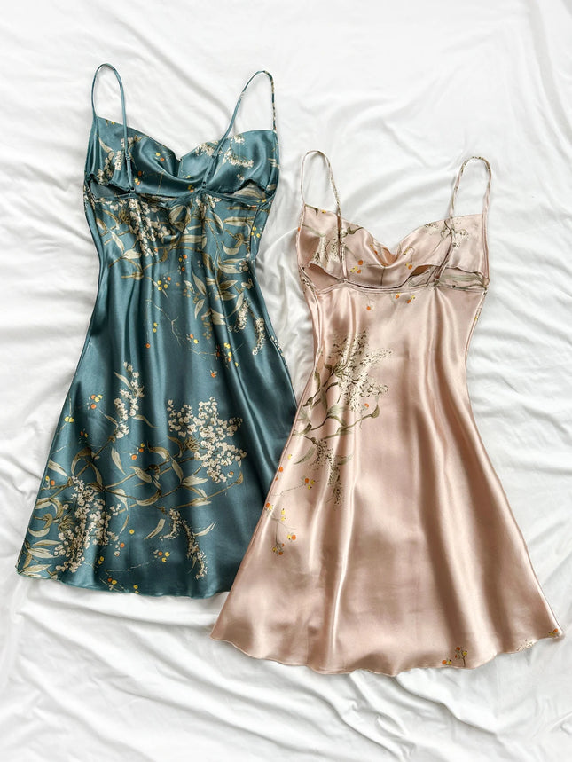 Women's Elegant Cherry Print Nightgown Set with Strap Dress. 2-Piece Comfy Sleepwear