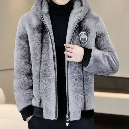 Autumn Winter Faux Fur Hooded Jacket Men Fashion Social Faux Mink Fur Casual Business Jacket Thick Warm Outdoor Windproof Coat