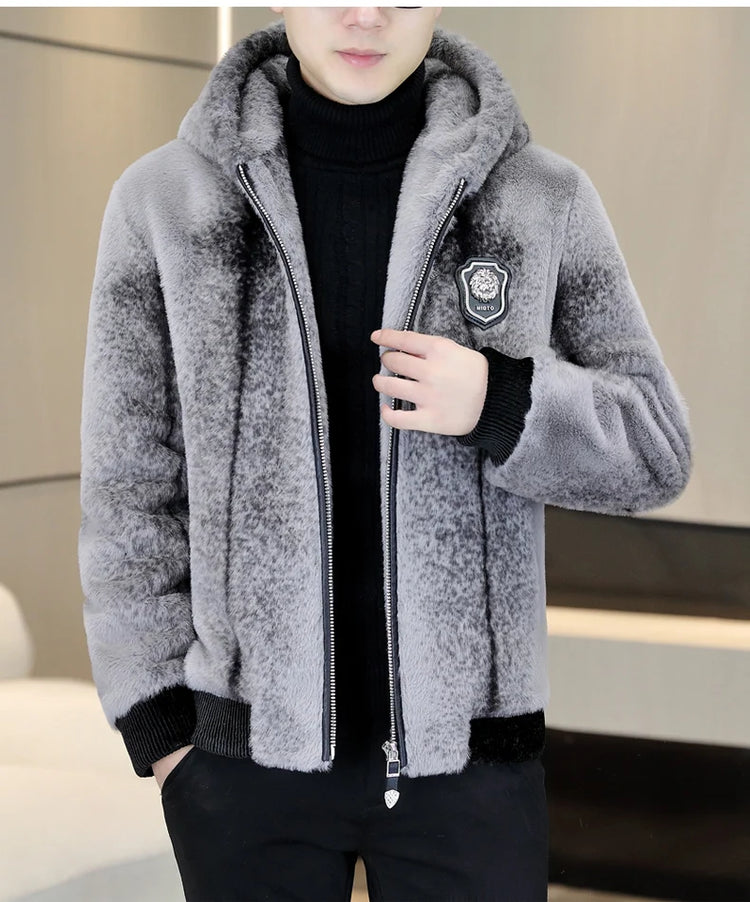 Autumn Winter Faux Fur Hooded Jacket Men Fashion Social Faux Mink Fur Casual Business Jacket Thick Warm Outdoor Windproof Coat