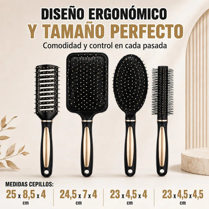 Set of 4 Professional Hairbrushes for Detangling and Styling, Set of Pneumatic and Skeleton Brushes for Straight, Curly or Wavy Hair, Black with Gold