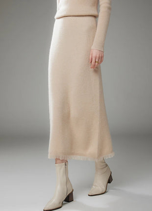 Women Cashmere A-Line Tassel Skirt High Waist Office Lady Retro Autumn Winter 100% Cashmere Knitwear Graceful Regular Fit Dress
