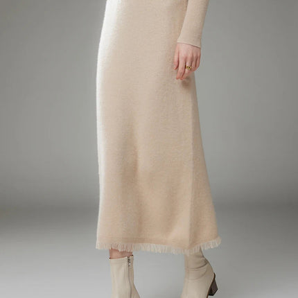Women Cashmere A-Line Tassel Skirt High Waist Office Lady Retro Autumn Winter 100% Cashmere Knitwear Graceful Regular Fit Dress PlatiNum