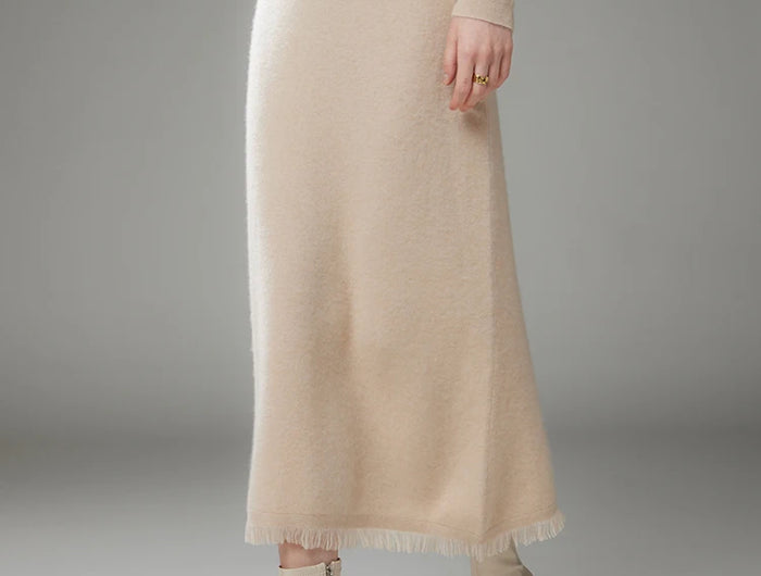 Women Cashmere A-Line Tassel Skirt High Waist Office Lady Retro Autumn Winter 100% Cashmere Knitwear Graceful Regular Fit Dress
