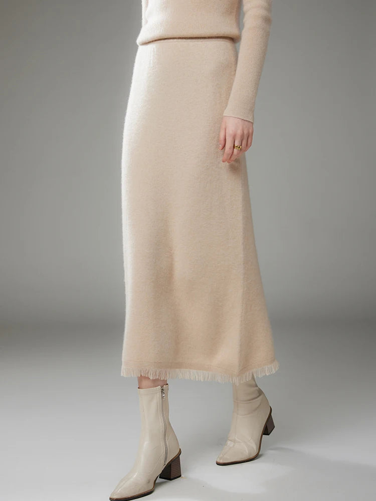 Women Cashmere A-Line Tassel Skirt High Waist Office Lady Retro Autumn Winter 100% Cashmere Knitwear Graceful Regular Fit Dress PlatiNum