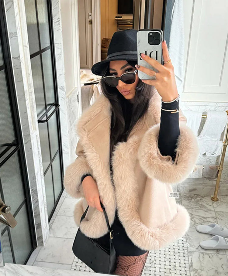 ZADORIN Elegant White Woolen Cape Faux Fur Coat Woman Fur Trim Loose Plush Fur Jacket Woman 2025 Winter Fur Faux Coat Outerwears