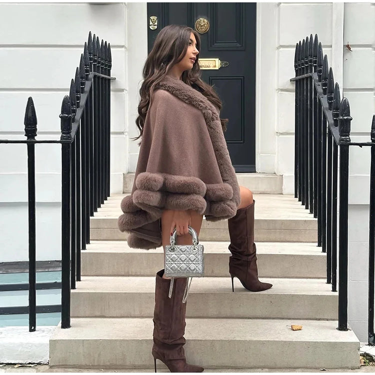 Luxury Women Faux Fur Trim Cape Coat Loose Batwing Poncho Shawl Fuzzy Fur Edge Warm Winter Outerwear Party Street Lady Coats