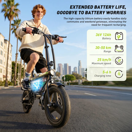 Bicicletta Elettrica EB1S da 14 Pollici, Motore 250W, Batteria 12Ah, Autonomia 30-50km, 3 Velocità, Velocità Massima 25km/h, Sospensione Centrale, E-Bike Pieghevole per Città, Bicicletta Elettrica per Adulti con Controllo