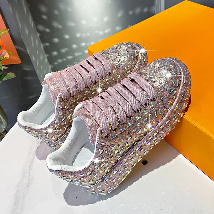 2025 Autumn Leather Women Shoes New Style Fashion Platform Shoes Ins Platforms Sneakers Tide Shine Bling Rhinestone Shoes