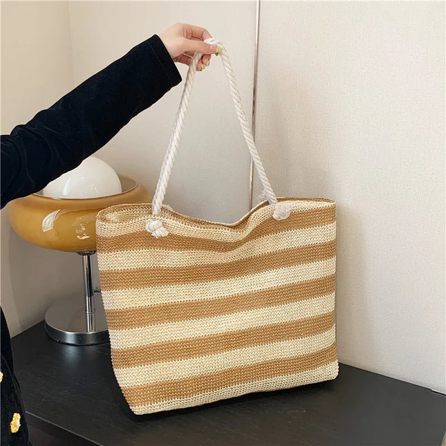 Bolso de hombro de paja para mujer, bolso de playa de color de contraste, bolso de hombro sencillo de gran capacidad, bolso diario de verano para mujer