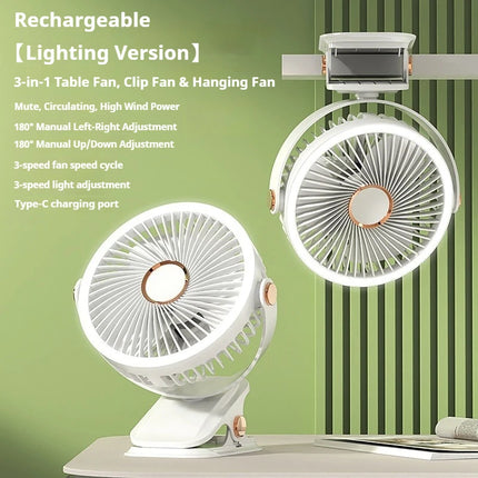 Ventilatore Portatile con Clip e Luci LED, 3 Velocità Regolabili, Silenzioso, da Scrivania, per Casa, Camera da Letto e Campeggio