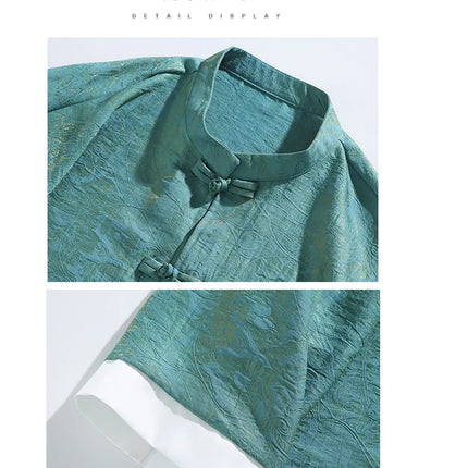 Camicia da Uomo di Lusso con Sfumature Colorate, Jacquard a Maniche Corte, Stile Cinese Tradizionale, Fresca per l'Estate, in Seta Ghiaccio