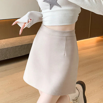 Autumn Winter Anti-Exposure Woolen Mini Skirt Women Korean College Style Short Skirts New Thicken Warm High Waist A-Line Skirt PlatiNum