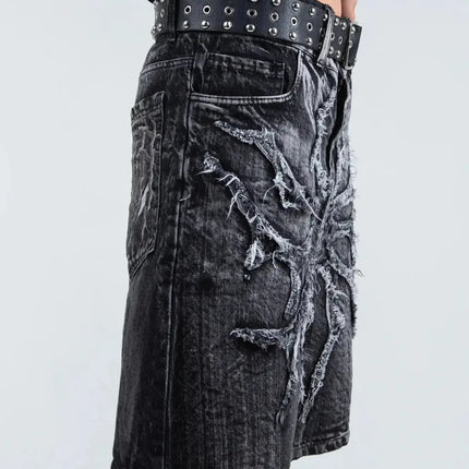 Pantaloncini Larghi Unisex Stile Gotico Retrò Y2K, Jeans Phantom con Ricamo a Ragno, Streetwear Hip Hop
