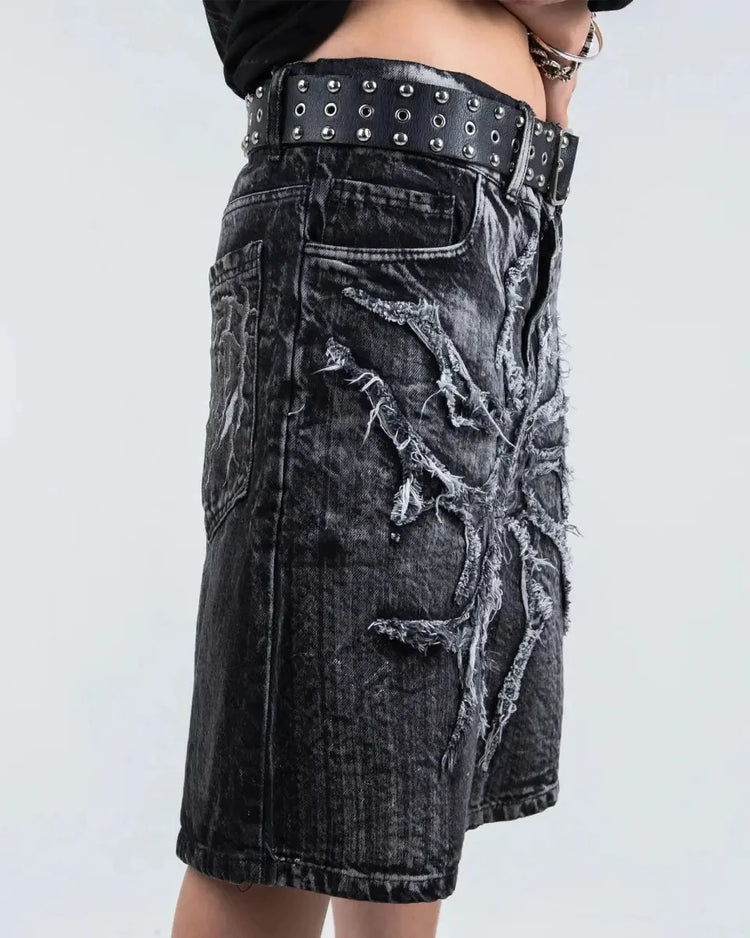 Pantaloncini Larghi Unisex Stile Gotico Retrò Y2K, Jeans Phantom con Ricamo a Ragno, Streetwear Hip Hop
