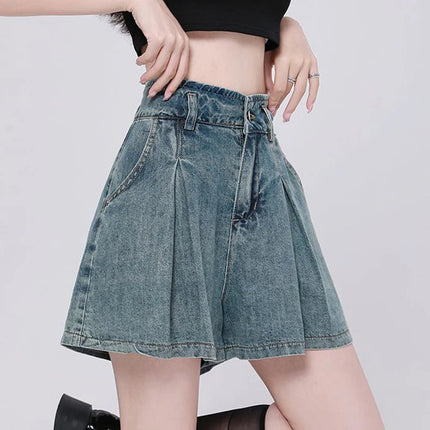 Korean Casual High Waisted Pleated Denim Shorts For Women Spring Summer Baggy Jeans Shorts Y2k  A-Line Wide Leg Jeans PlatiNum