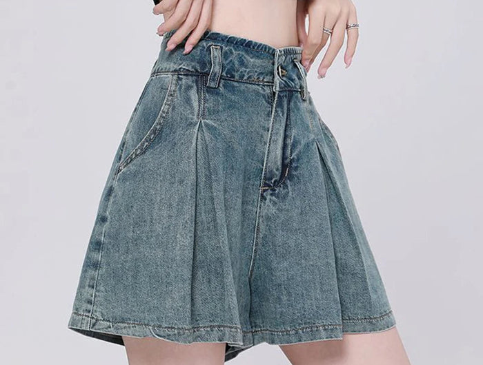 Korean Casual High Waisted Pleated Denim Shorts For Women Spring Summer Baggy Jeans Shorts Y2k  A-Line Wide Leg Jeans PlatiNum