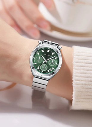 MINI FOCUS Orologio al quarzo verde argento per donna Orologio da polso cronografo con cinturino in acciaio inossidabile moda con lancette luminose Data 0491 platinumshop