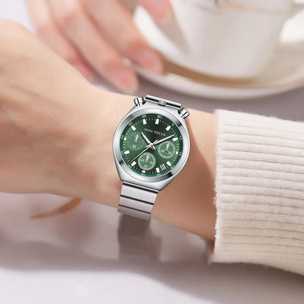 MINI FOCUS Orologio al quarzo verde argento per donna Orologio da polso cronografo con cinturino in acciaio inossidabile moda con lancette luminose Data 0491 platinumshop