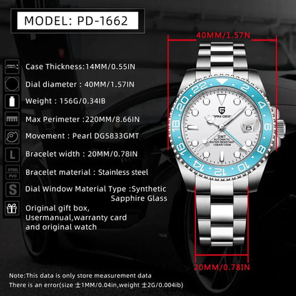 TOP PAGANI DESIGN PD1662 GMT Orologio meccanico automatico da uomo Cinturino in acciaio inossidabile Anello in ceramica blu Quadrante bianco Resistente all'acqua fino a 100 m Orologi da polso sportivi da uomo luminosi per uom