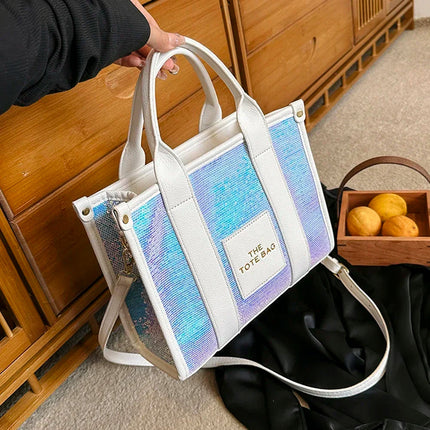 Sequins Top-Handle Bags Fashion PU Leather Shoulder Bag Large Capacity Travel Handbag Women Trendy Casual Satchel Tote Purse PlatiNum