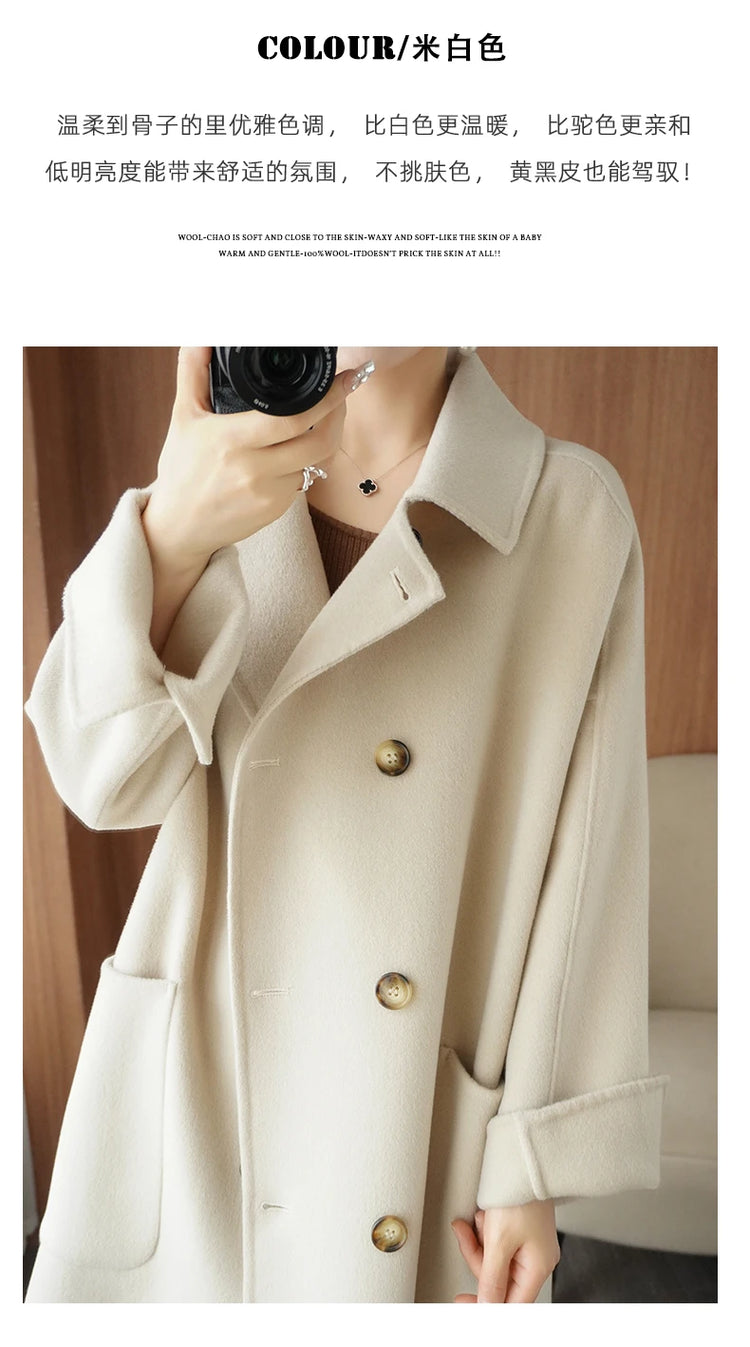 Ladies' 100% Cashmere Thick Double-Sided Extended Coat, Classic, Versatile and Fashionable for Business and Leisure