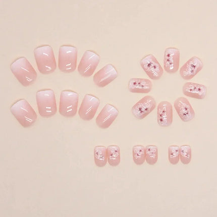 24Pcs Short Simple Gradient Flower Pattern Press‑On Nails Include 1 Jelly Glue And 1 Nail File Manicure Kit