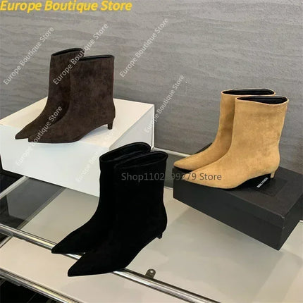 2025 NEW  Vintage Pointed Toe Women Ankle Boots Designer Thin Low Heel Shoes Modern Short Botas Autumn Winter Zapatos De Mujer
