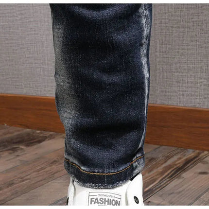Fashion Streetwear Men Jeans Retro Black Blue Elastic Slim Fit Ripped Jeans Men Spliced Designer Embroidery Hip Hop Denim Pants PlatiNum