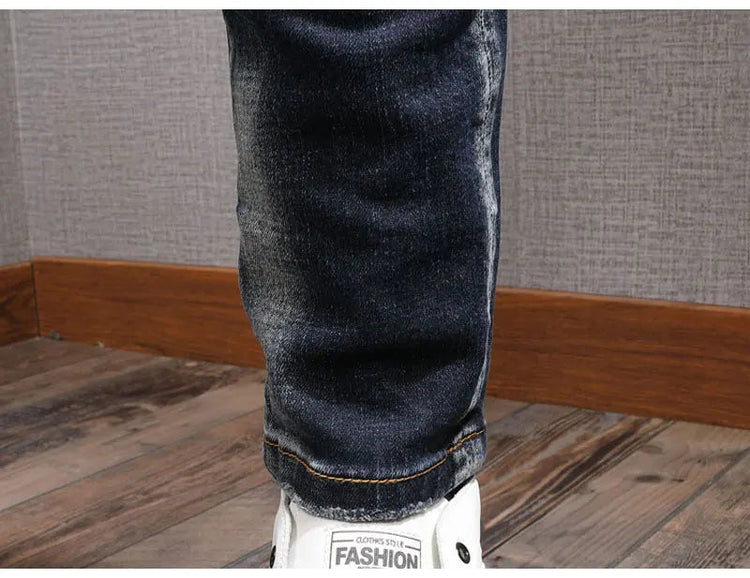 Fashion Streetwear Men Jeans Retro Black Blue Elastic Slim Fit Ripped Jeans Men Spliced Designer Embroidery Hip Hop Denim Pants PlatiNum