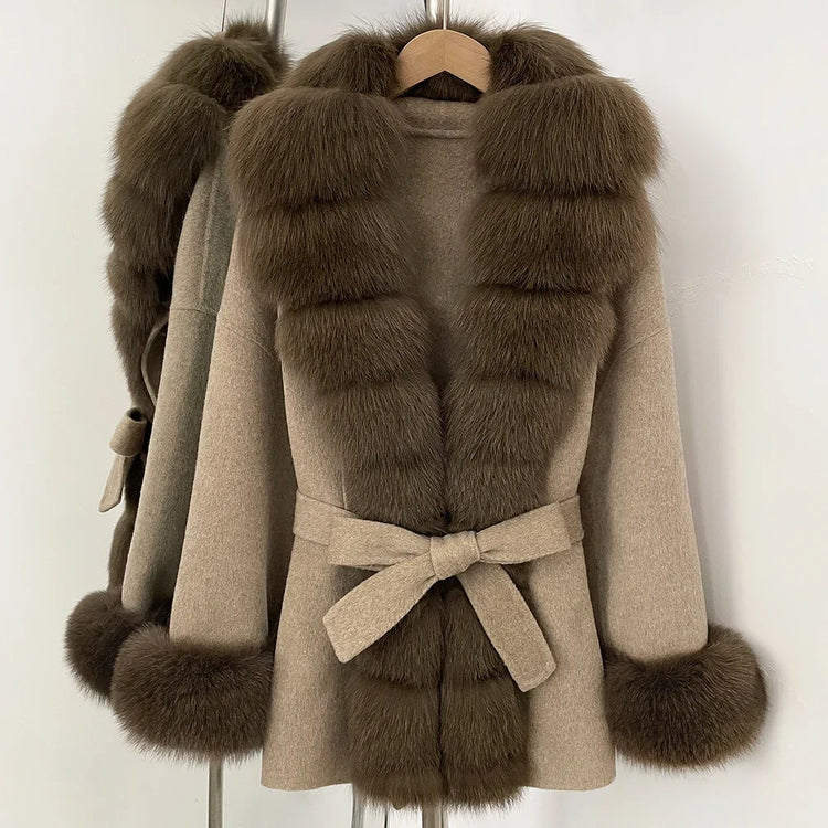 Real Fur Wool Jacket Fashion Reality Fur Jacket Women Natural Fox Fur Cuffs Winter Clothing Female Elegant with Belt Woolen Coat