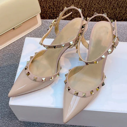 Lady autentici sandali in pelle cinturino con fibbia tacchi alti sottili scarpe alla moda Lock Gold Studs Dress Pumps 33-41 25cm White Blac