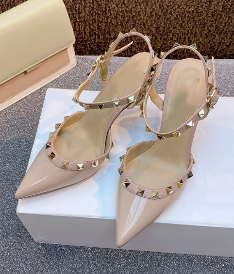 Lady autentici sandali in pelle cinturino con fibbia tacchi alti sottili scarpe alla moda Lock Gold Studs Dress Pumps 33-41 25cm White Blac