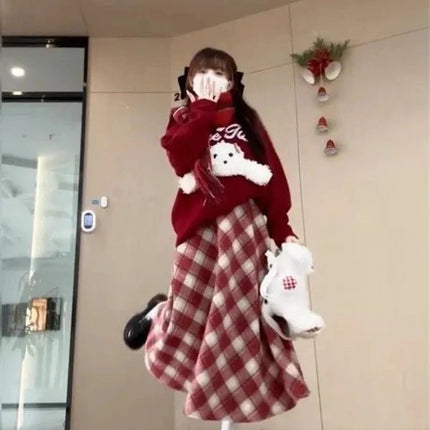 Red Plaid Midi Skirt Women Fall Winter Vintage High Waist Sweet Woolen Cloth Skirts Retro Loose Preppy Aesthetic Female Skirt PlatiNum